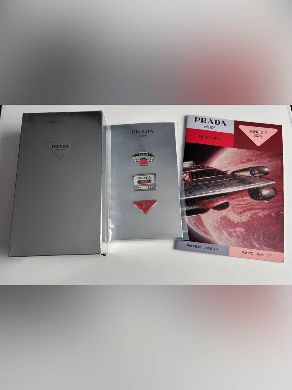 NWT Prada Mode 2026 3-Pack Metal Pins gift boxed & Official Program